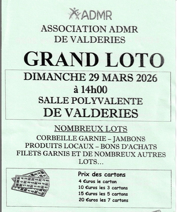 Grand loto de l'ADMR de Valderiès le 29 03 2026